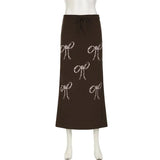 Knitted Low Waisted Fairycore Long Skirts Y2k Bow Print Midi Skirts Women Korean Chic Outfits 2000s Chic New-Outfit
