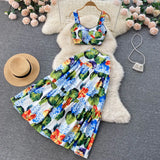 Vacation Floral Print Women Set Summer Zipper Pleated Temperament Elegant Slim Long Skirt Fashion Two Piece