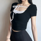 And Spicy Girls With Square Neckties And Bows Knit Short-Sleeved Blouse Girl's Pleated Spliced T-Shirt-Outfit
