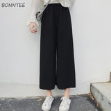 Women Ankle-Length Straight Ttrendy Pant High Waist Chic Womens Leisure Wide Leg Capris Student All-match Solid Lady