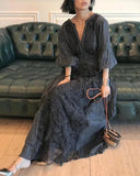 Vintage Summer Japan Style Robe Dress Lantern Sleeve Lace V Neck Splicing Temperament Vestidos De Verano Mujer