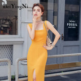 Elegant Sleeveless Dress Women Skinny Vintage Square Collar Spaghetti Strap Dresses Ladies Party Split Sundress