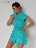 Office Chic Woman Shirt Romper With Sashes Blue Shorts Playsuits 2022 Sleeveless Green One Piece Ladies Summer