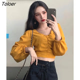 Women Puff Long Sleeve V-neck Chic Sexy Crop Tops Solid Streetwear V-neck Womens Shirt Pleated Elegant Blouses Retro