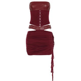 Leather Suit PU Leather Splicing Waist Tsets Hollow Folding Net Lace-Uped Ass