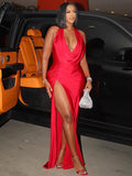Elegant Solid V-neck Maxi Dress Women Fashion Sexy Lady Long Dresses Girls Robe Backless Party High Streetwear New 2023-Outfit