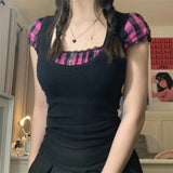 Lace Plaid Patchwork Top Vintage Goth Short Sleeve Basic Sweats Shirt Cute Chic Slim Clothes Women Sweet Casual
