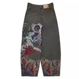 Ancient Bat Pattern Embroidered Loose Jeans Men's Street Y2K Pants Lazy Jeans-Outfit
