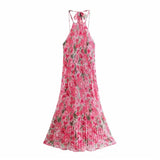 Print Crincle Midi Dress Halter Backless Knot Tie Oversize Long Dresses With Lining Pink Fashion Summer Casual