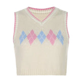 Argyle Y2K Sleeveless Sweater Vest 90s V Neck Plaid Knitted Vests Women Casual Preppy Style Crop Top Autumn