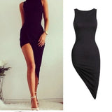 Sexy Oblique Pendulum Summer Women Dress O-Neck Solid Sleeveless Slim Dress Female Asymmetrical Mini Party