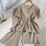 Korean OL V Neck Short Sleeve Knitted Pullovers and Solid High Waist Wide Leg Pants 2 Pieces Sets