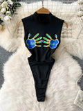Fashion Palm Print Sleeveless Jumpsuits Stand Collar Sheath Rompers Underwear 2023 Female Summer Short Sexy