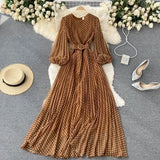 Autumn Women White/Black/Brown Polka Dot Long Dress Vintage Round Neck Puff Sleeve Elegant A-Line Maxi Vestidos Female 2021