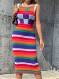 Autumn Crochet Midi Dress Clother For Women O Neck Sleeveless Patchwork Fashion Slim Dresses Streetwear Dress Female