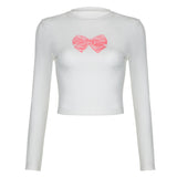 Girls Bow Tie Printed Round Collar Long-Sleeved T-Shirt 2023 Autumn Simple Short Knitted Shirt Girl-Outfit
