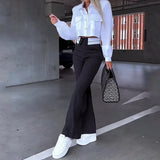 Turn Down Collar Solid Shirt Tops Single Breasted Women Two Piece Sets Flared Long Pants Set High Waist Slim Fit 2023-Outfit