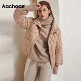 Aachoae Women Winter Solid Puffer Jacket With Pockets 2021 Single Breasted Thick Warm Coat Long Sleeve White Duck Down