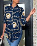 Casual Shirt Women Turn Down Collar Print Long Sleeve Shirts Loose Casual Split Blouse Button Tops Office Ladies-Outfit