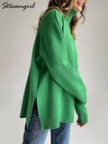 Split Warm Turtleneck Pullover Sweater Women Oversize Winter Top Soft Basic Green Oversized Sweater For Women