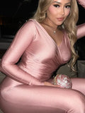 Sexy Skinny Solid Two Piece Set Women Fashion Cross V-neck Long Sleeve Tops+ High Waist Floor Length Trousers Street Suit-Outfit