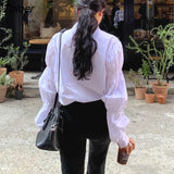 Women Puff Sleeve Folds Design Korean Style Solid Simple Leisure Harajuku Loose Fashion Turn-down Collar Vintage