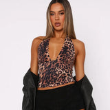 Toloer Women's New Leopard Print Hanging Neck Sleeveless Back V-Neck Short Small Vest Sling-Outfit