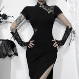 Summer 2024 New Fork Dress, Dark Style, Sexy Slim, Stitched Cheongsam Dress-Outfit