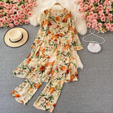 Bohemian Women 3 Pieces Set Female Elegant Long Cardigans + Strapless Camis + Wide Leg Pants Chiffon Suits New Spring Fall