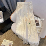 Jacquard Straight Trousers 2023 Summer New Chinese-Style High-Waist Satin Buckle Casual Wide-Leg Trousers-Outfit
