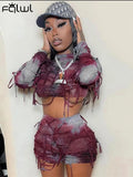 Summer Streetwear 2 Two Piece Set Outfits Women Long Sleeve Bodycon Crop Top Skinny Shorts Print Lace Up Matching