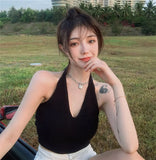 Women Fashion Knit Slim Stretchy Hanging Neck Bandage Streetwear Y2K Backless Sleeveless