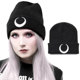 Dark Punk Black Knitted Caps Hats Harajuku Grunge Moon Graphic Print Autumn Woman Cap Beanies Warmer Cap Women's Cap-Outfit