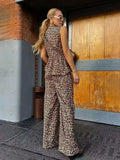 Print Pant 2-piece Sets Elegant Woman Sleeveless Lace Up Vest Wide Leg Trousers Suits Ladies Office Highstreet Outfits-Outfit