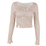 Casual grid Hollow Out Crop Top For Women Long Sleeve Sexy O Neck Pullover Slim Slant Button T Shirts Y2K 2021