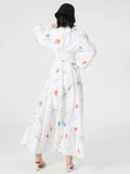 TWOTWINSTYLE Print Colorblock Sashes Dress For Women Stand Collar Long Sleeve High Waist Loose Midi Dresses Female Clothing