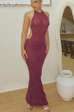 Apricot Backless Mesh Long Dress Summer For Women 2023 See Through Bodycon Off Shoulder Maxi Dress Sexy Evening