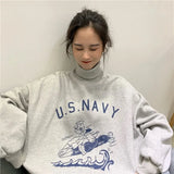 Women Fall/Winter Harajuku Punk Style Oversized Lazy Cartoon Letters Plus Velvet Turtleneck Pullover Women