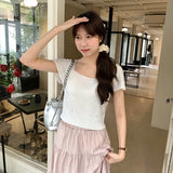 Version Of Knitted Short-Sleeved T-Shirt Women's New Summer Slim Thin Solid Color Full-Length Short-Style Blouse Ins-Outfit