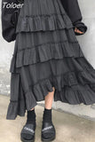 Black Long Skirts Women Gothic High Low Ruched Ruffle High Waist Asymmetrical Midi Skirt Korean Fashion Fairy