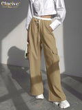 Winter Khaki Women Pants 2022 Fashion Loose High Waist Full Length Cargo Pants Elegant Patching Straight Trousers