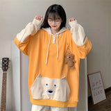 Deeptown Japan Kawaii Bear Hoodie Women Patchwork Oversized Autumn 2021 Fashion Long Sleeve Sweatshirt Yellow Cute Tops