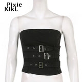 Metal Adjustable Buckle Asymmetric Tops Goth Sexy Clothing Trendy Backless Crop Top Black Y2k Streetwear
