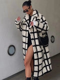 Lamb Plaid Lapel jacket Women Elegant ladies Full Sleeve Long Coat 2022 Fall Winter Button Pocket Casual