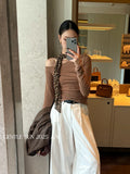 Xixi 2025 Autumn New White Label Elegant Oblique Shoulder Imitation Wool Knitted Shirt Long Sleeve Top Sweater