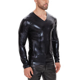Toloer Men's Soft Lacquer Leather T-Shirt V Neck Long Sleeve Bright Leather Coat No Odor Size Accurate-Outfit