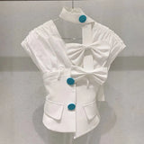 White Patchwork Casual Shirt For Women Halter Puff Short Sleeve Single Breasted Blouses Female Summer Clothing