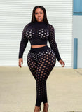 Plus Size Sexy Mesh Dot See Through Long Sleeve Top And Pant 2 Piece