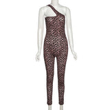 Leopard Print Mesh Skinny Jumpsuit Women One Shoulder Sleeveless Patchwork Fitness Party Activewear Basic Wild Female