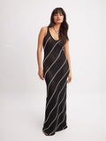 Women's Fashion Elegant Crochet Sling Dress V-Neck Striped Sexy Wisted
